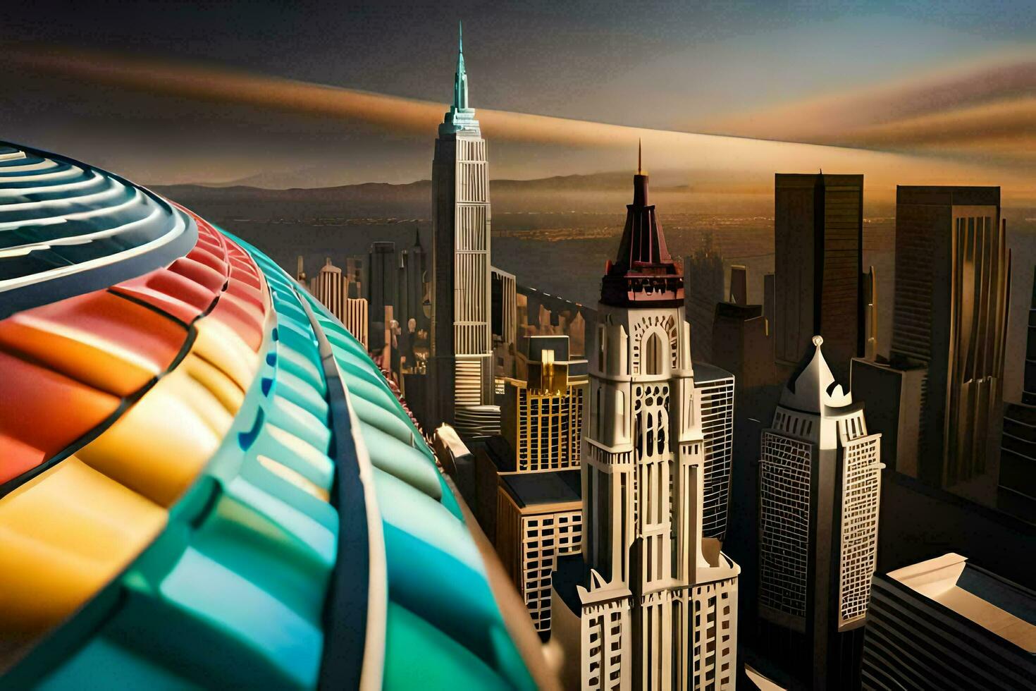 un' città con un' arcobaleno colorato edificio nel il sfondo. ai-generato foto