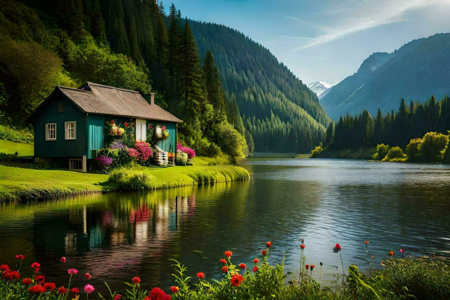 un' piccolo cabina si siede su il riva di un' lago circondato di alberi. ai-generato foto