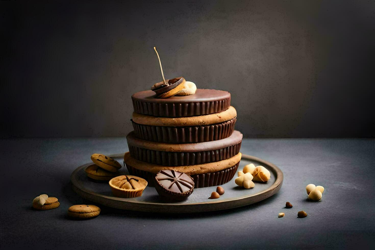 un' cioccolato torta con noccioline e noccioline su superiore. ai-generato foto