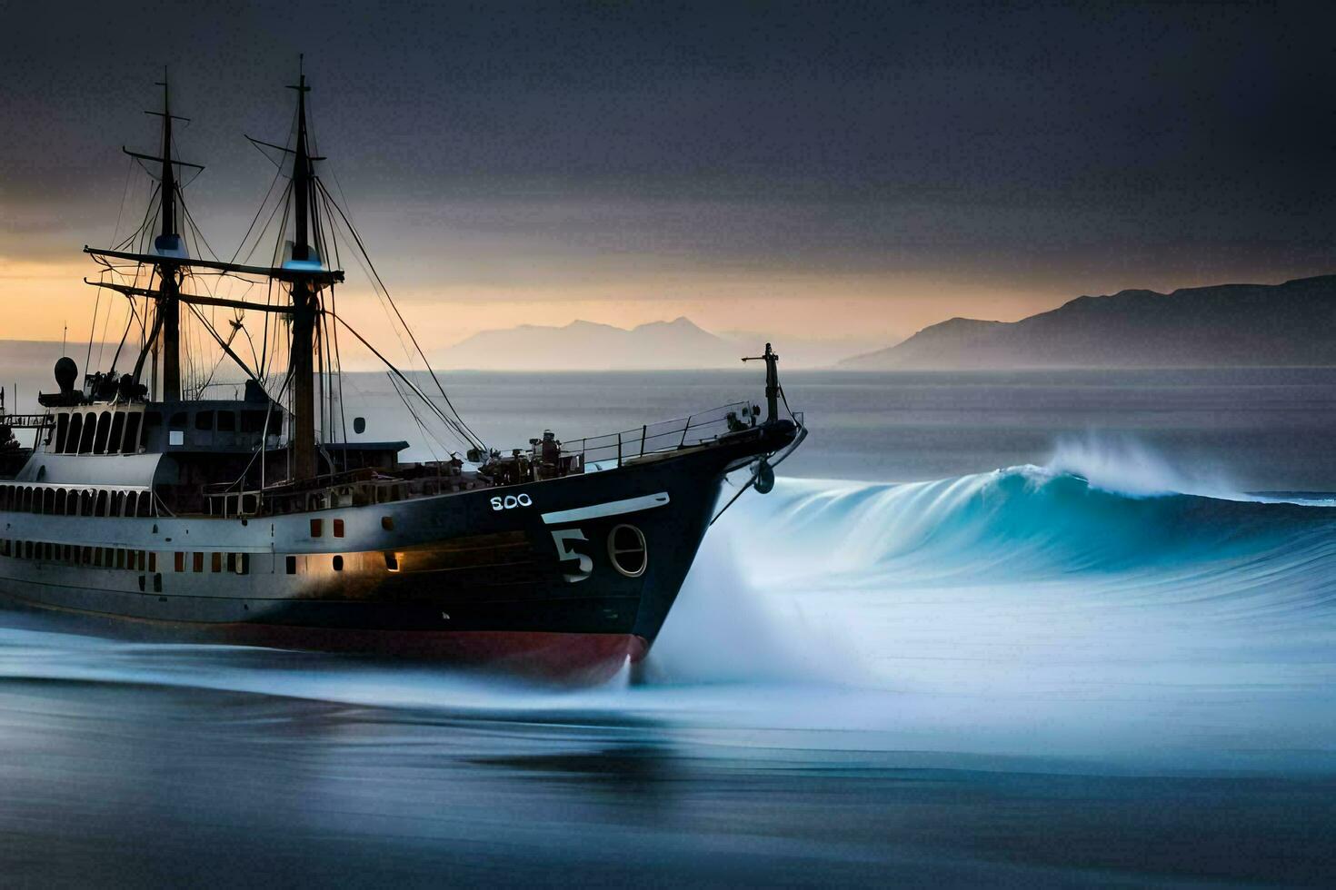 un' nave andare in barca attraverso il oceano a tramonto. ai-generato foto