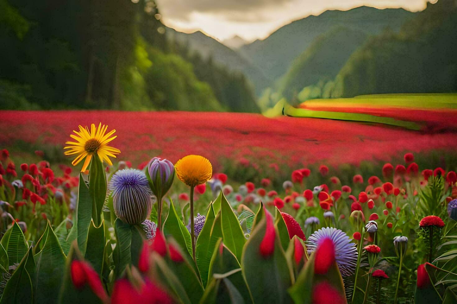 un' campo di rosso e giallo fiori nel il montagne. ai-generato foto