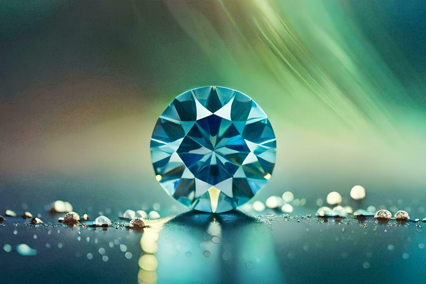 un' diamante è mostrato su un' tavolo con acqua goccioline. ai-generato foto