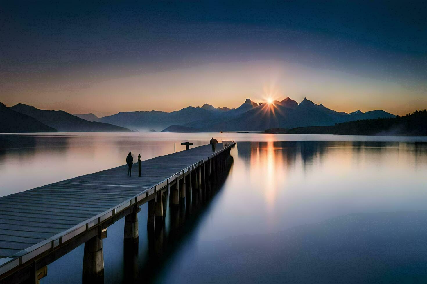 il sole sorge al di sopra di un' molo nel il montagne. ai-generato foto