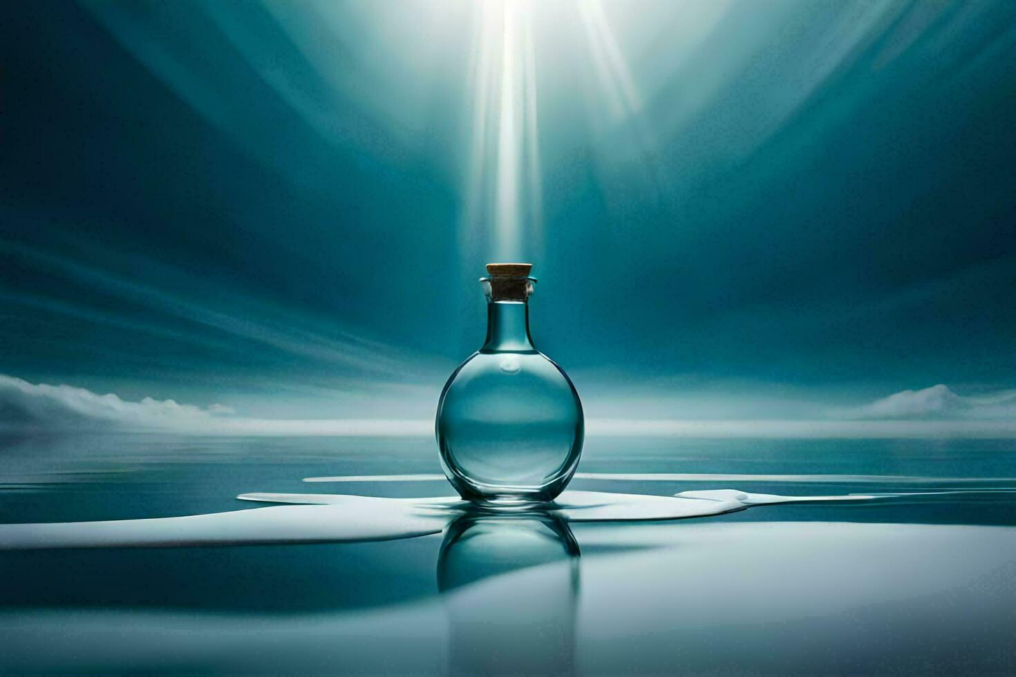 un' bottiglia di acqua su il acqua con un' sole splendente attraverso esso. ai-generato foto