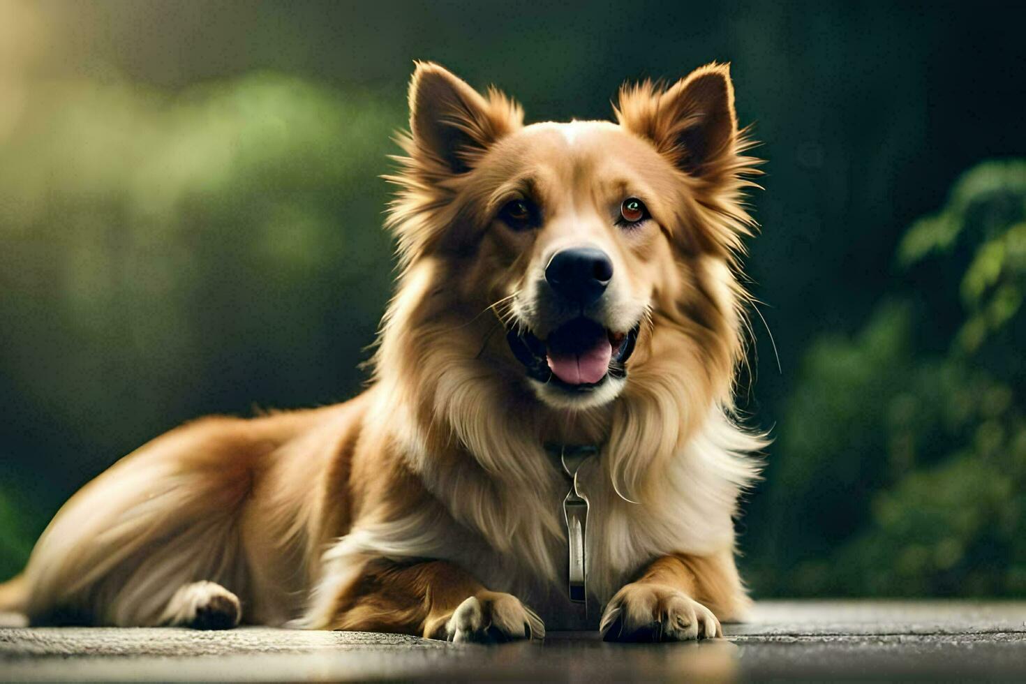 un' cane è seduta su il terra con suo lingua fuori. ai-generato foto