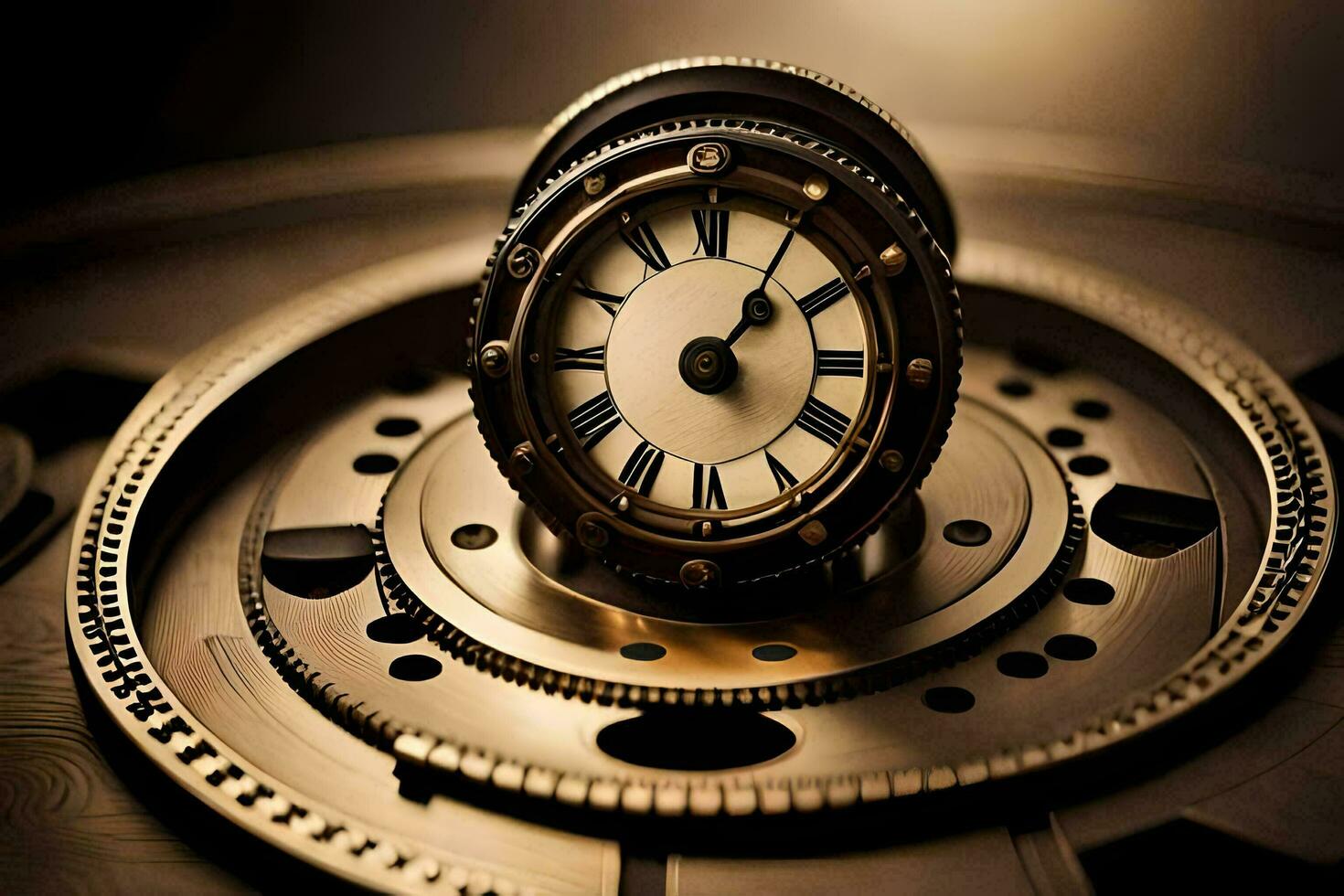 un' orologio è seduta su superiore di un' orologio viso. ai-generato foto