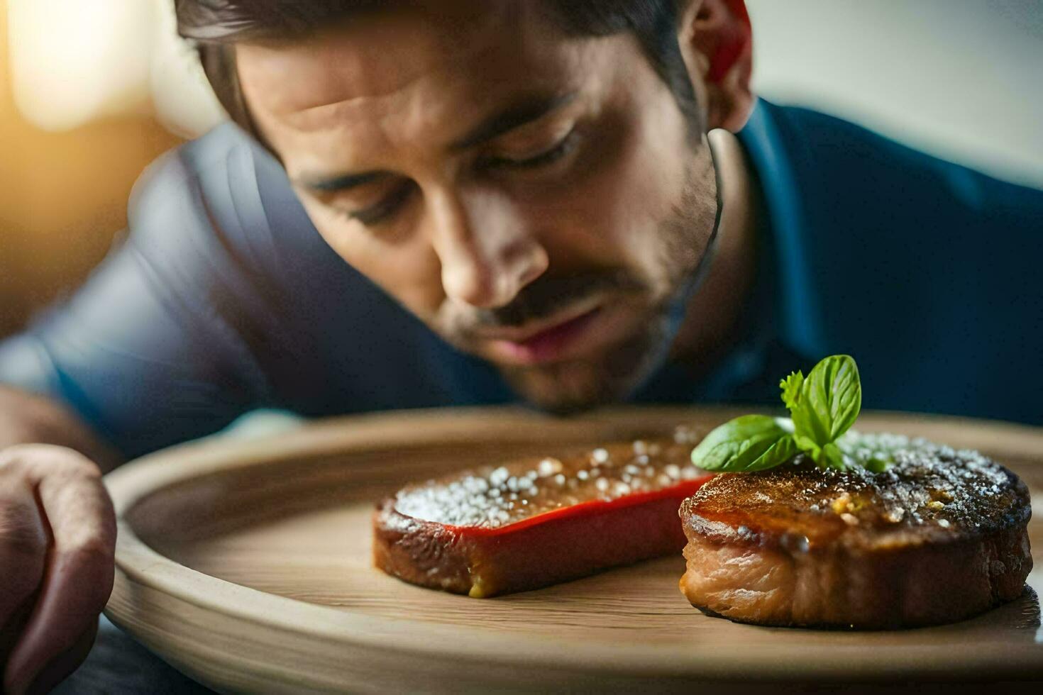 un' uomo è guardare a un' piatto di bistecca. ai-generato foto