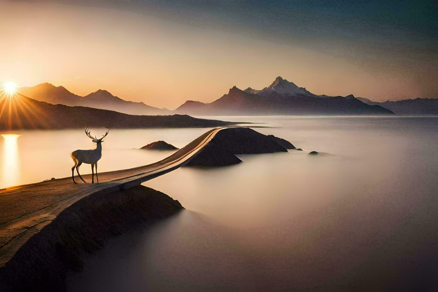 un' cervo sta su un' ponte al di sopra di acqua a tramonto. ai-generato foto