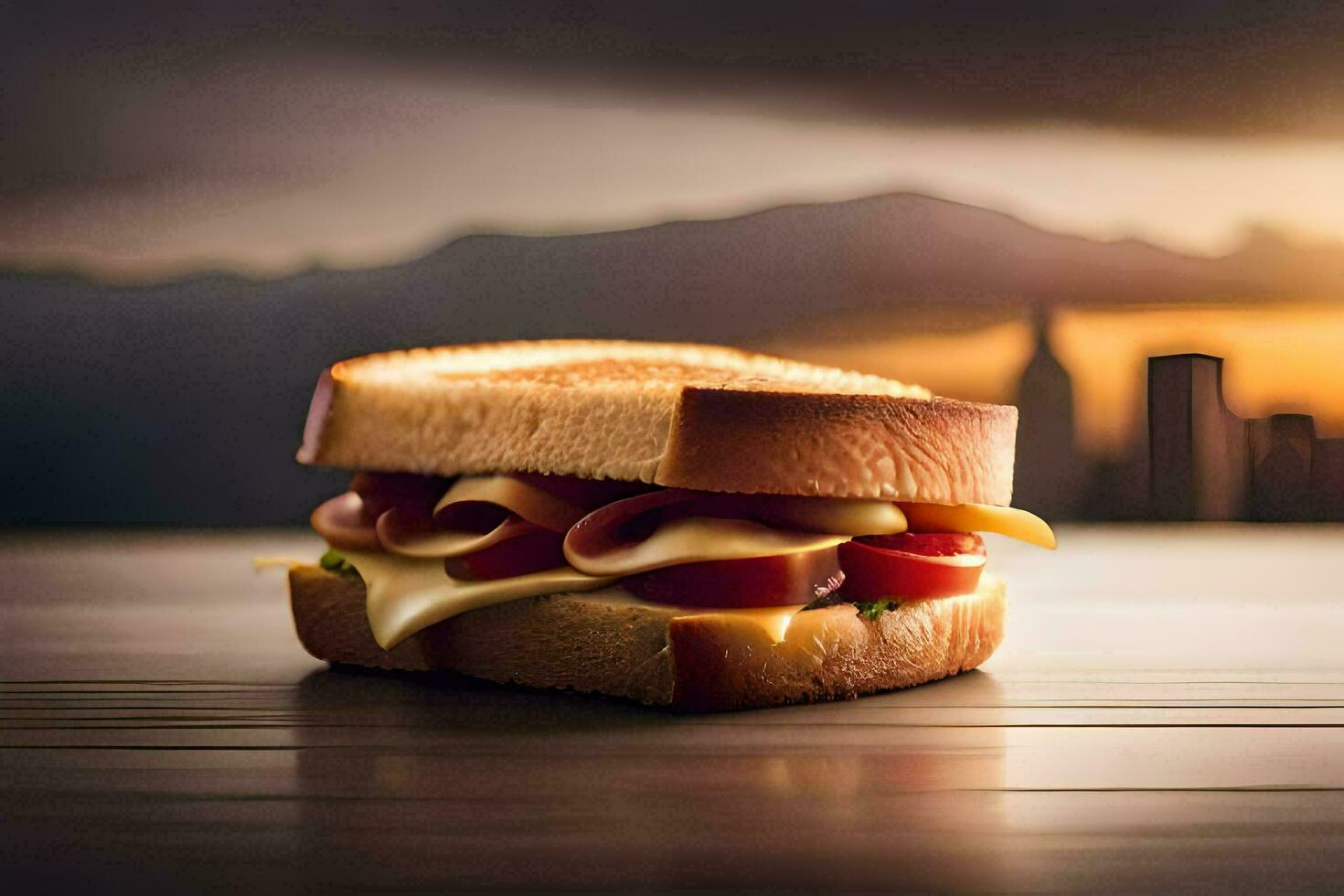 un' Sandwich con formaggio e prosciutto su un' tavolo. ai-generato foto
