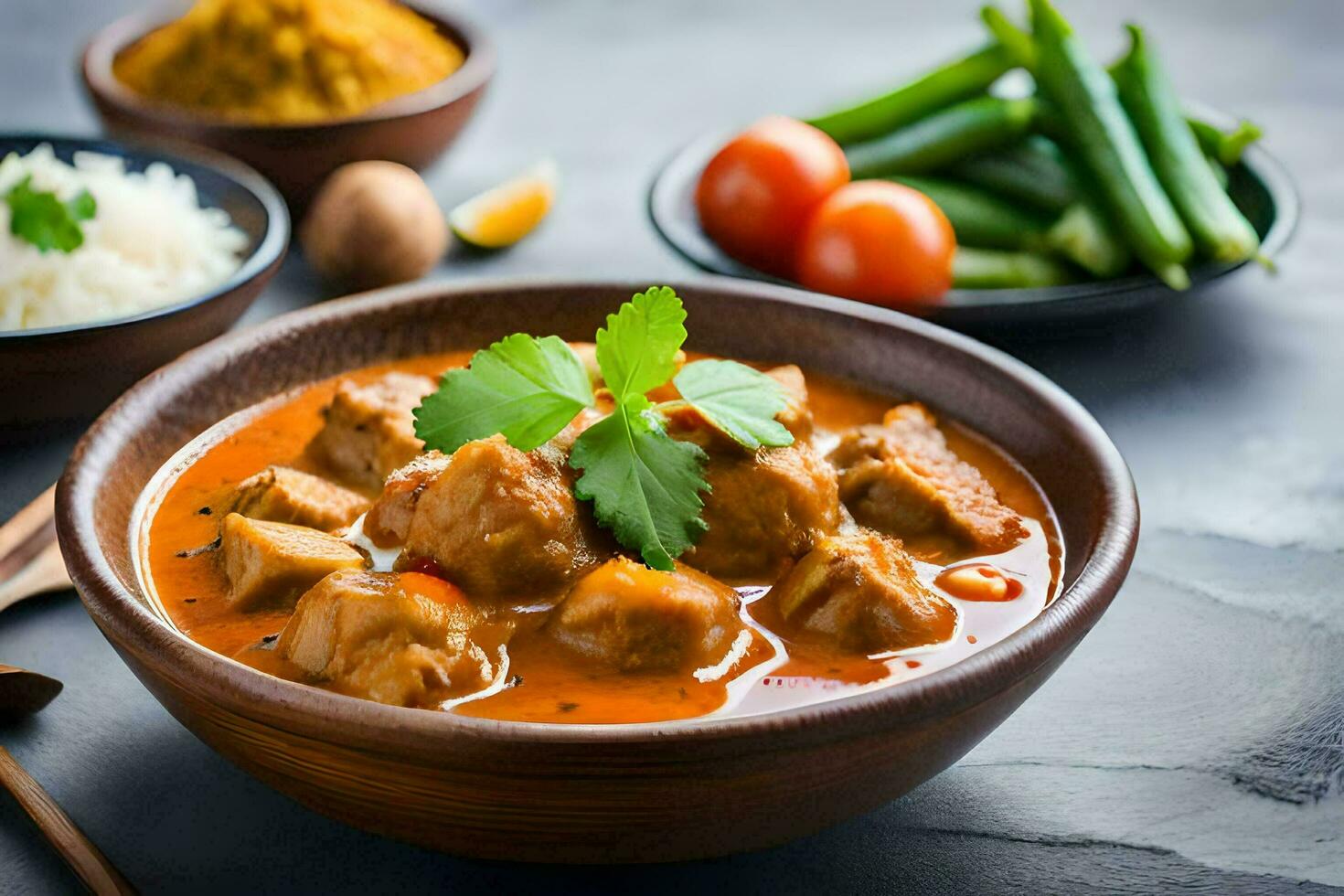 pollo curry nel un' ciotola con riso e verdure. ai-generato foto