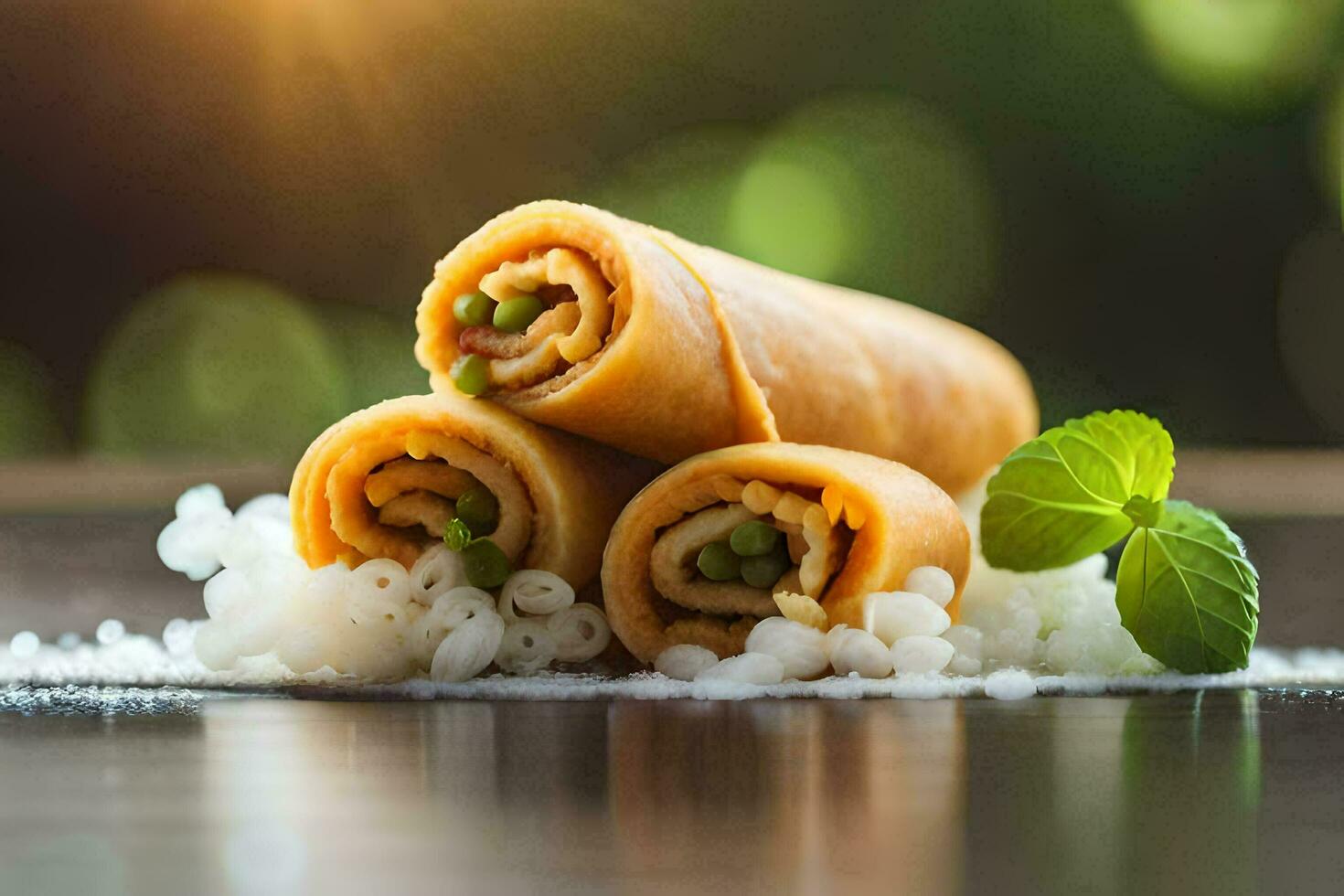 tre rotoli di cibo con riso e menta. ai-generato foto