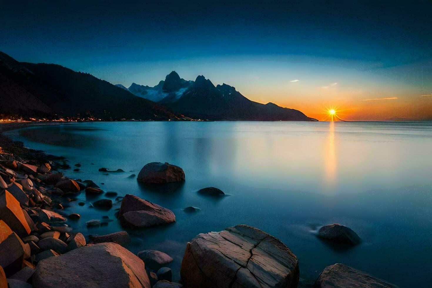 il sole imposta al di sopra di un' roccioso spiaggia e montagne. ai-generato foto