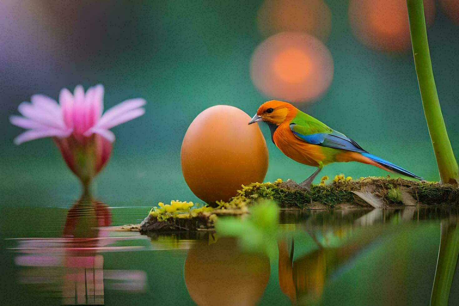 il uccello è seduta su il acqua e il uovo è su il muschio. ai-generato foto