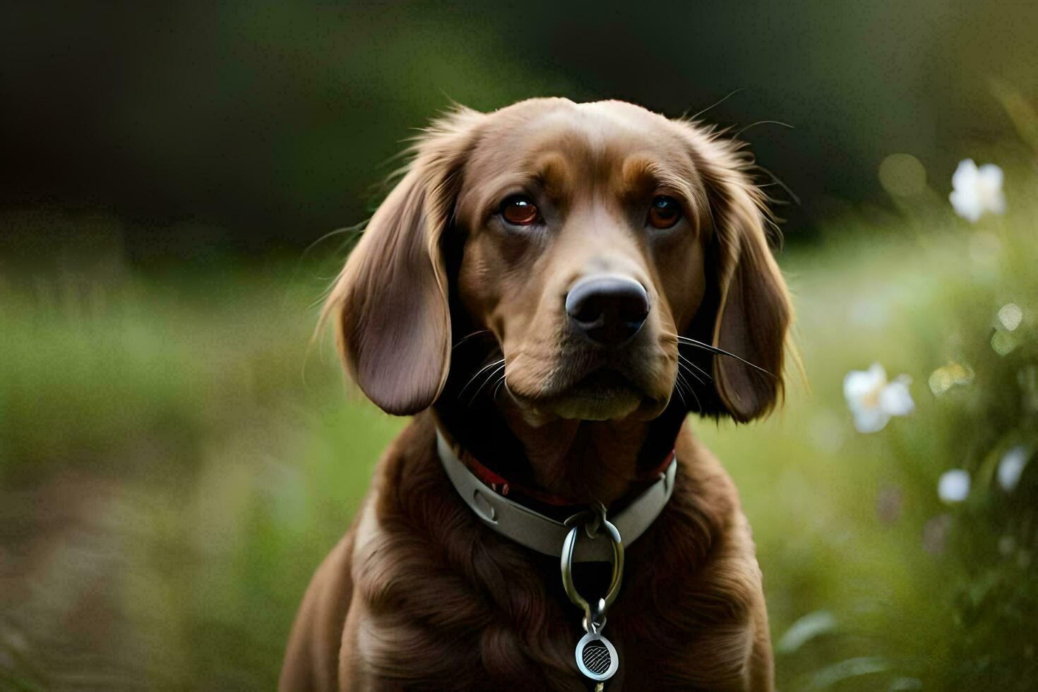 un' Marrone cane con un' collare seduta nel il erba. ai-generato foto