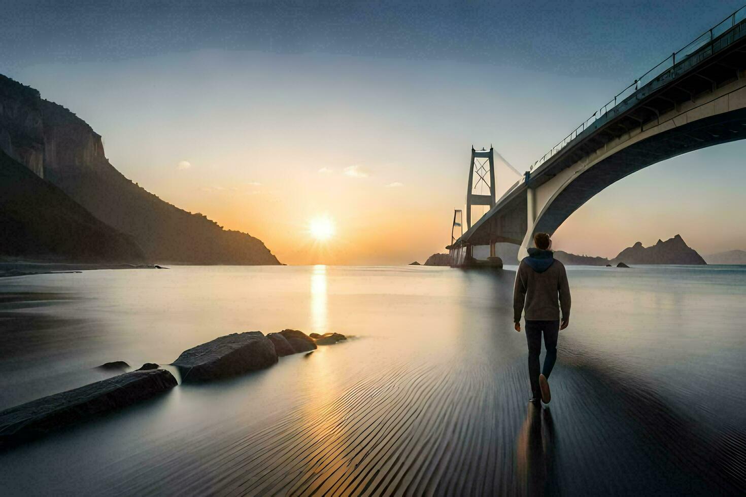 un' uomo a piedi lungo il spiaggia sotto un' ponte a tramonto. ai-generato foto