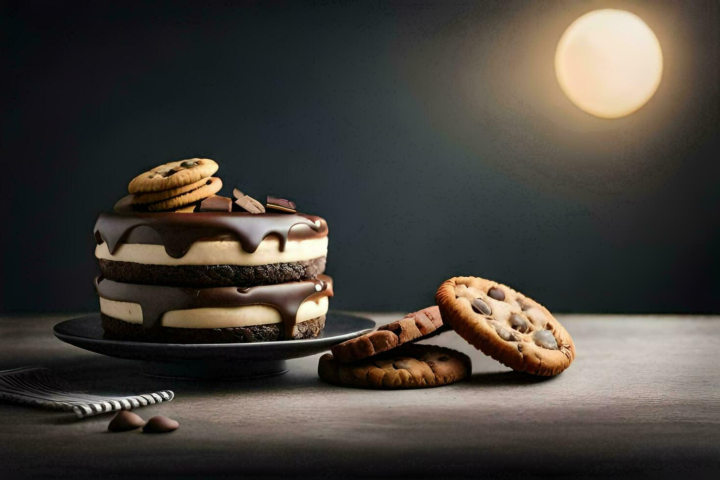 un' cioccolato torta con biscotti e crema su un' buio sfondo. ai-generato foto