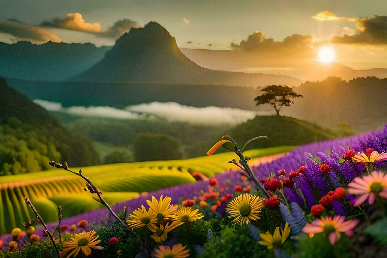 un' bellissimo campo con fiori e montagne a tramonto. ai-generato foto