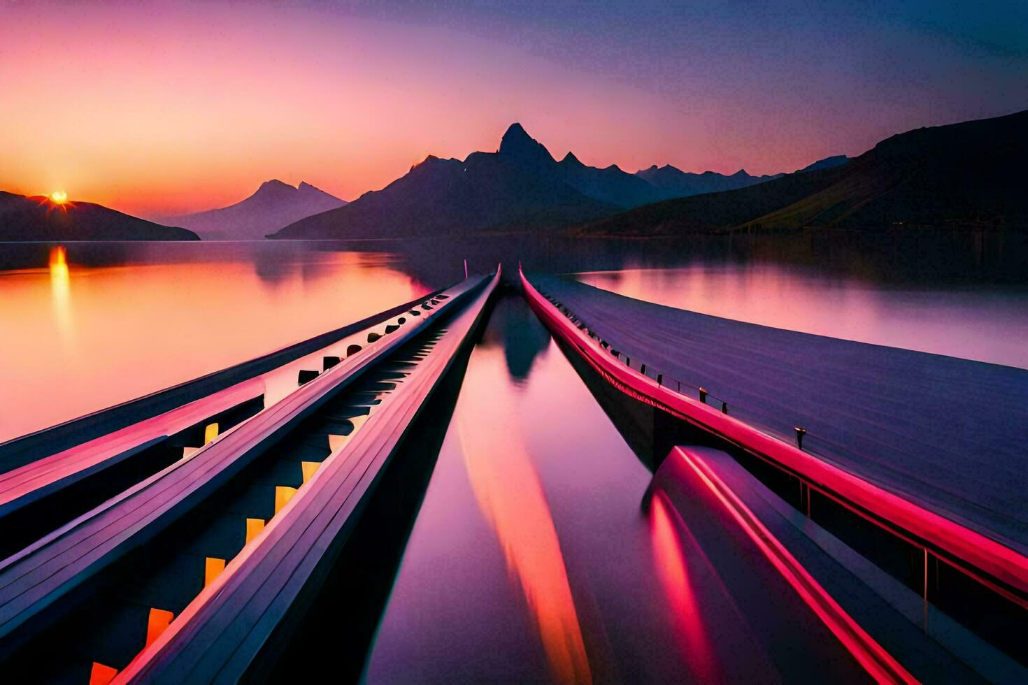 un' lungo ponte al di sopra di un' lago con montagne nel il sfondo. ai-generato foto