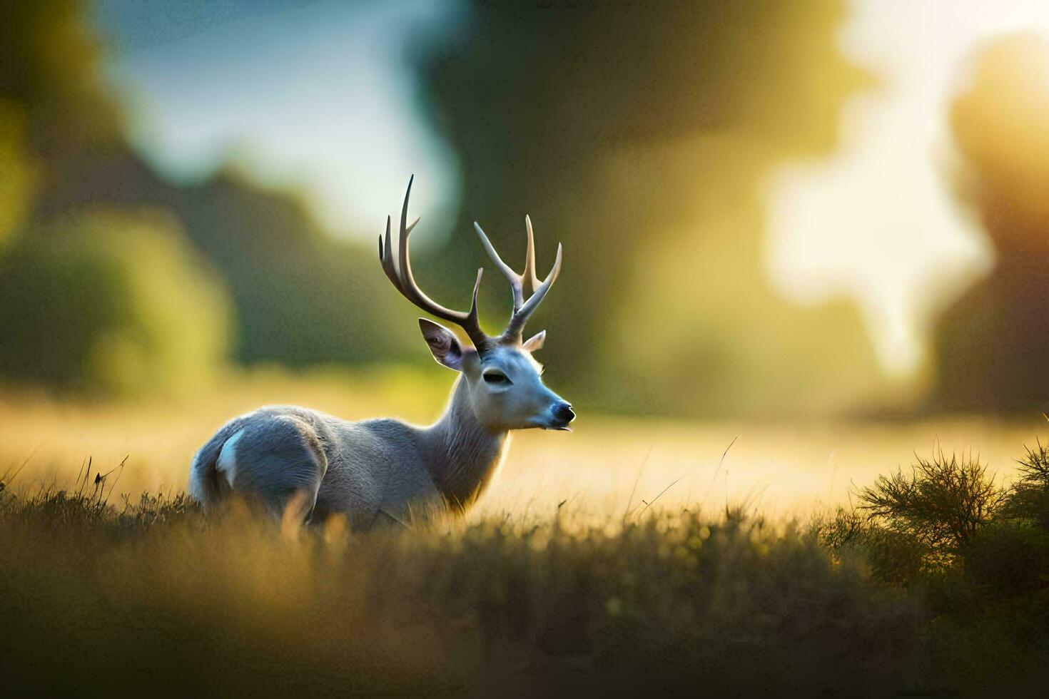 un' cervo è in piedi nel il erba con il sole splendente. ai-generato foto