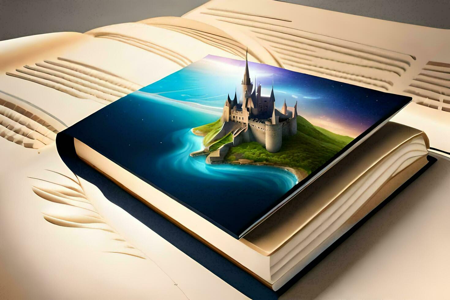 un' libro con un' castello su esso è seduta su superiore di un Aperto libro. ai-generato foto