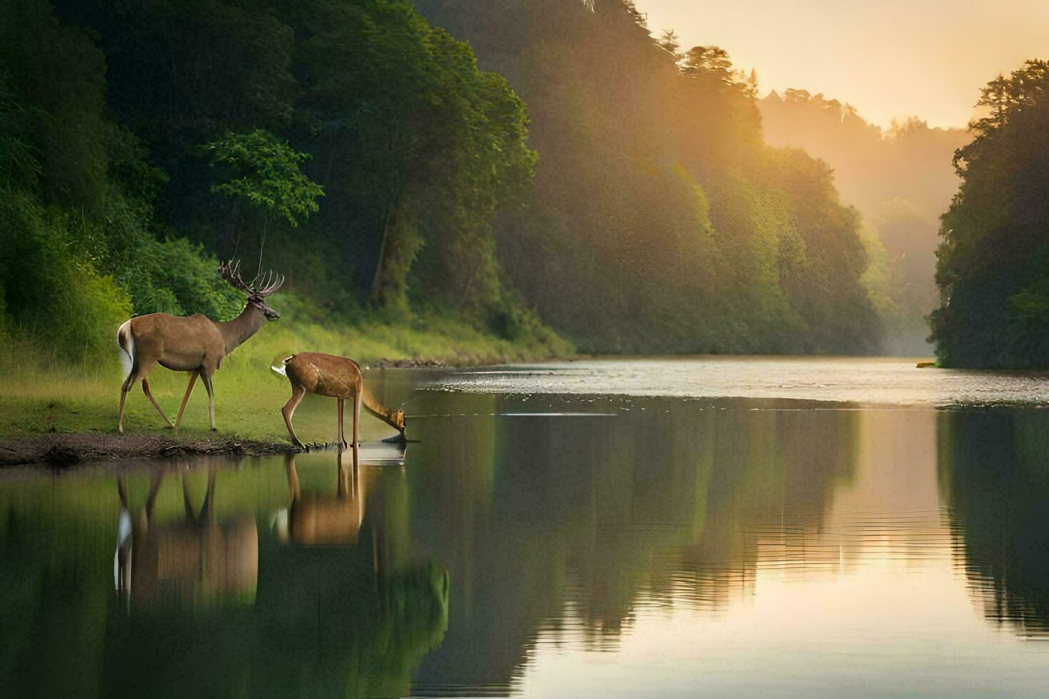 foto sfondo il cielo, acqua, cervo, il foresta, il sole, il foresta, il. ai-generato