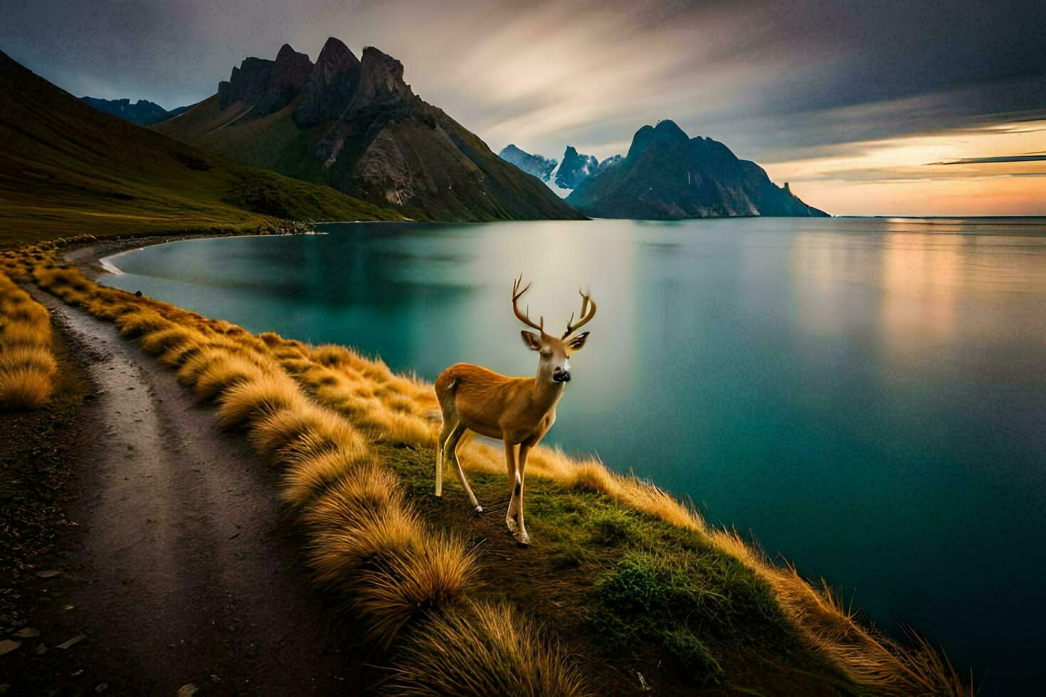 un' cervo sta su il bordo di un' lago con montagne nel il sfondo. ai-generato foto