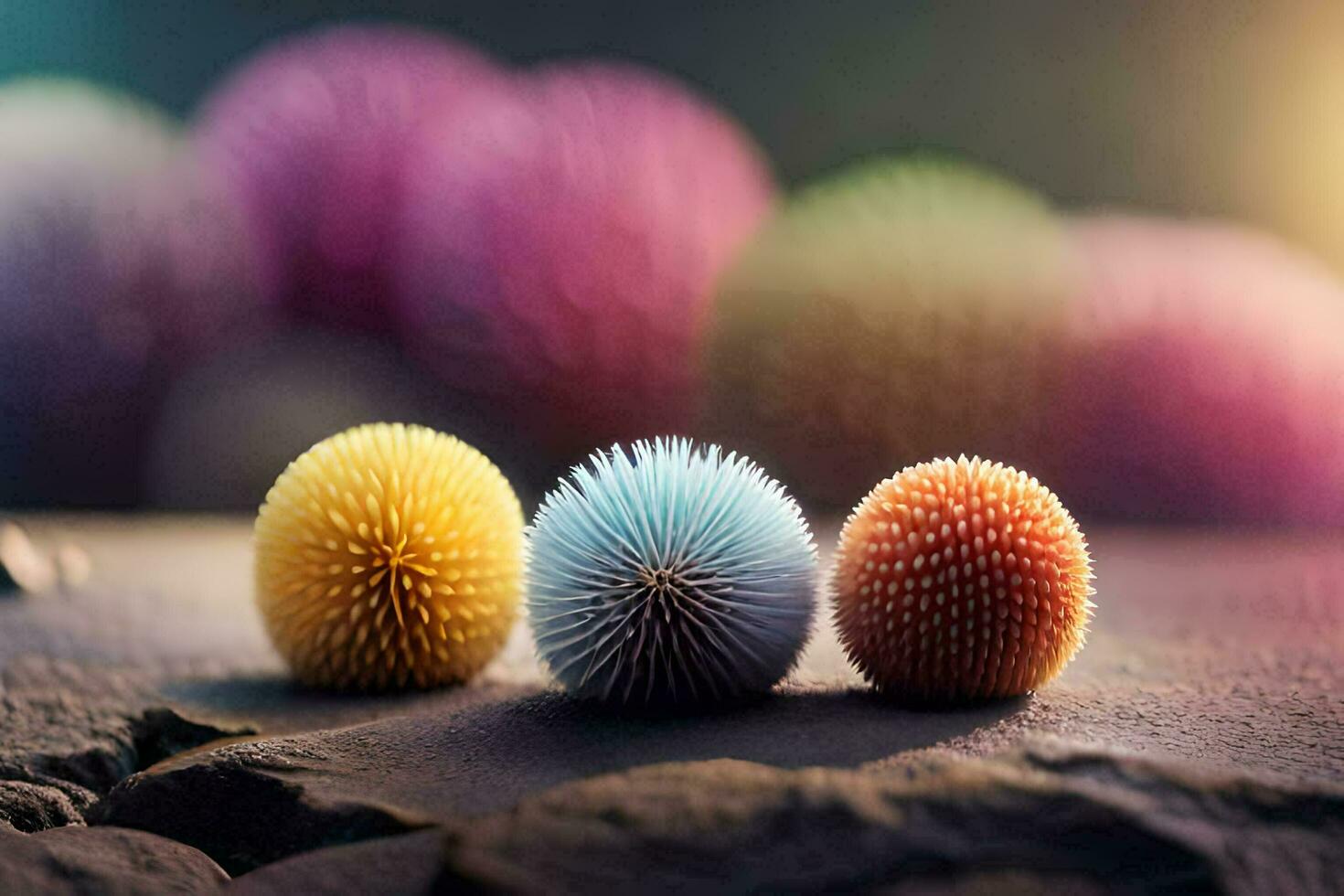 tre colorato palle seduta su un' roccia. ai-generato foto