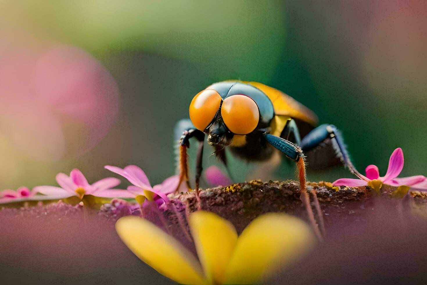 un' vicino su di un' insetto con giallo occhi. ai-generato foto