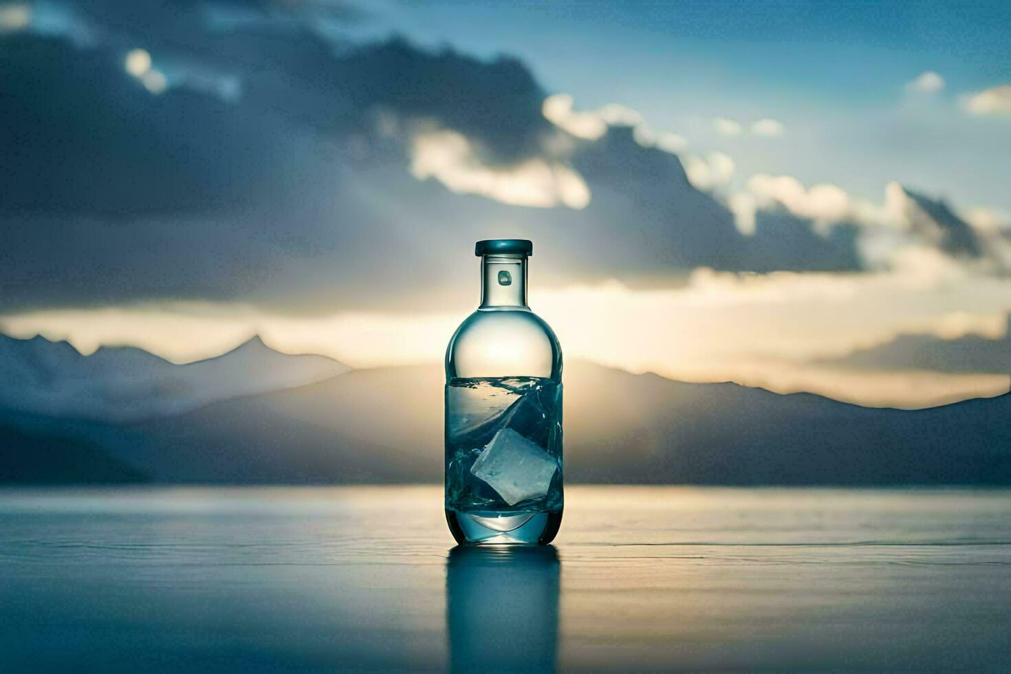 un' bottiglia di acqua seduta su il acqua con montagne nel il sfondo. ai-generato foto