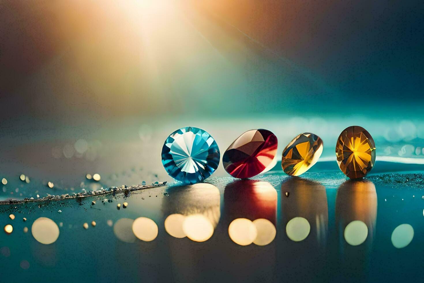 quattro colorato gemme su un' tavolo con un' leggero splendente su loro. ai-generato foto