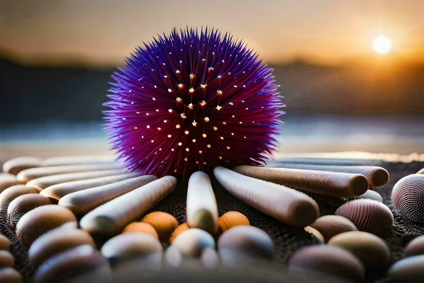 un' viola spinoso palla si siede su superiore di un' mucchio di di legno bastoni. ai-generato foto