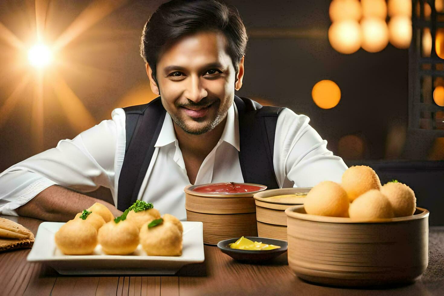 un' uomo sorridente mentre Tenere un' piatto di cibo. ai-generato foto