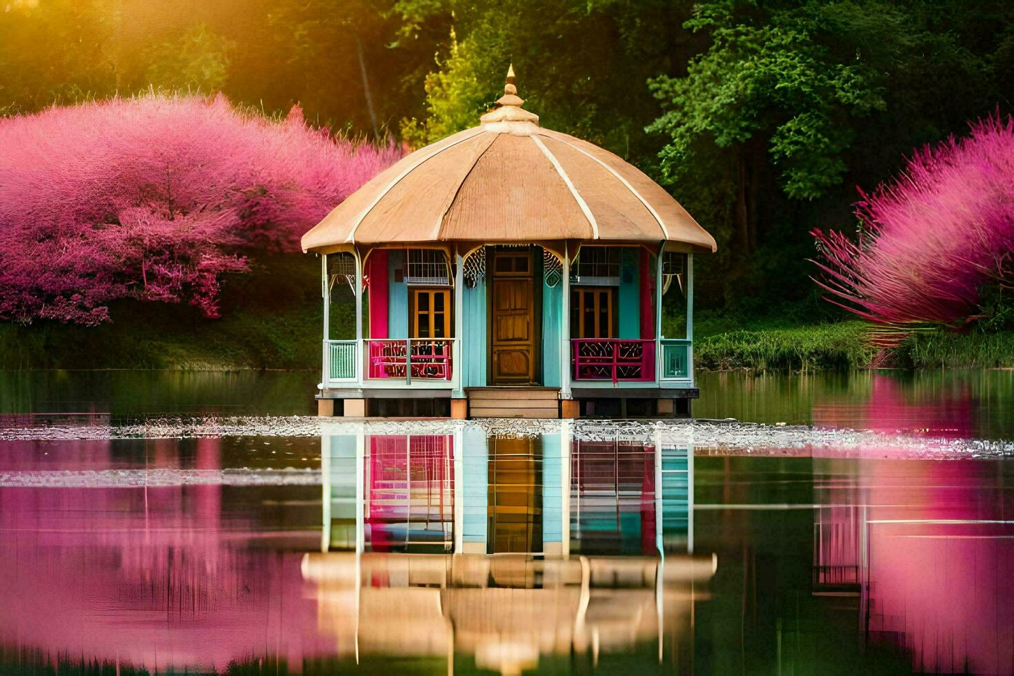 un' gazebo si siede su il bordo di un' lago con rosa alberi. ai-generato foto