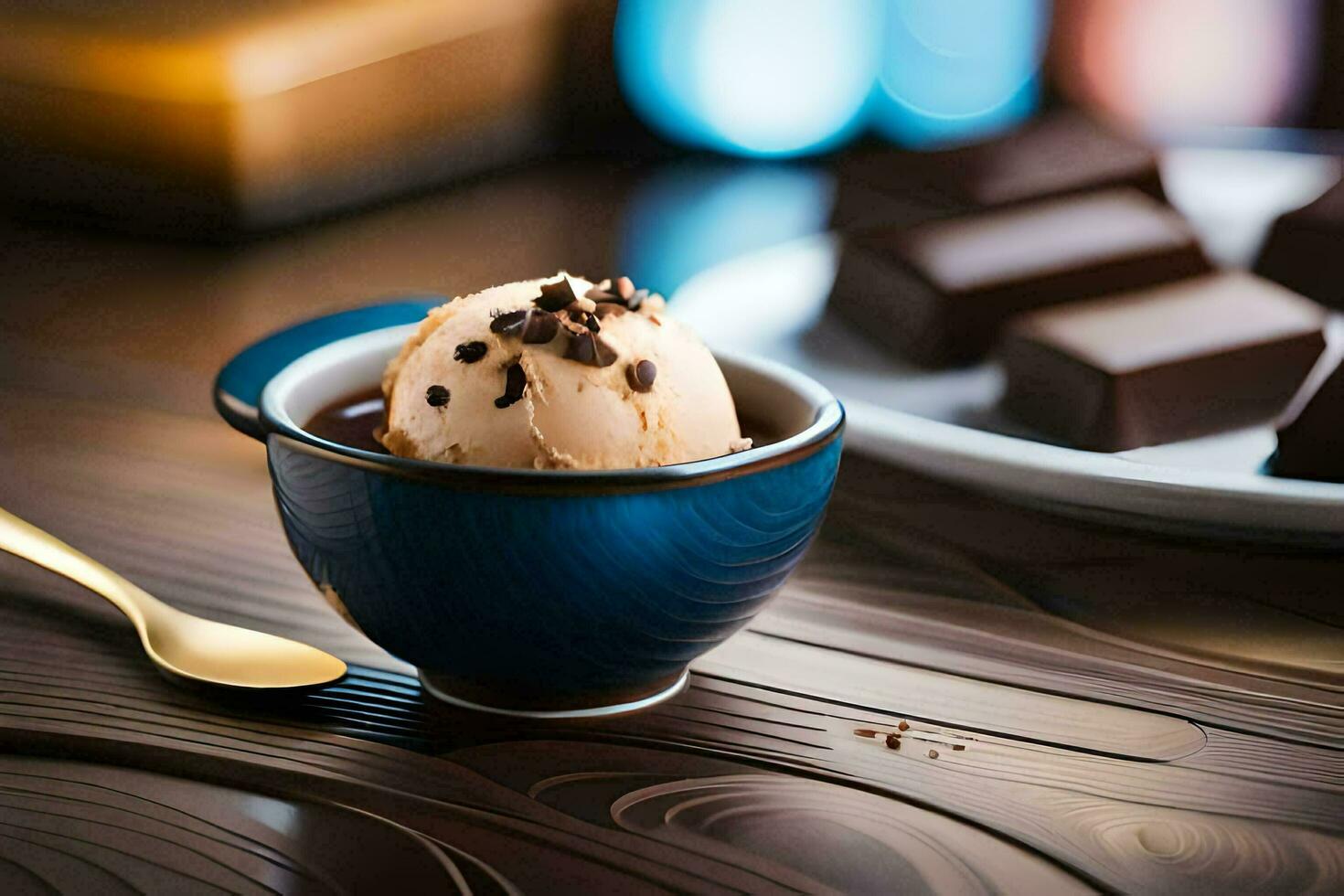 cioccolato ghiaccio crema nel un' blu ciotola con cioccolato patatine fritte. ai-generato foto