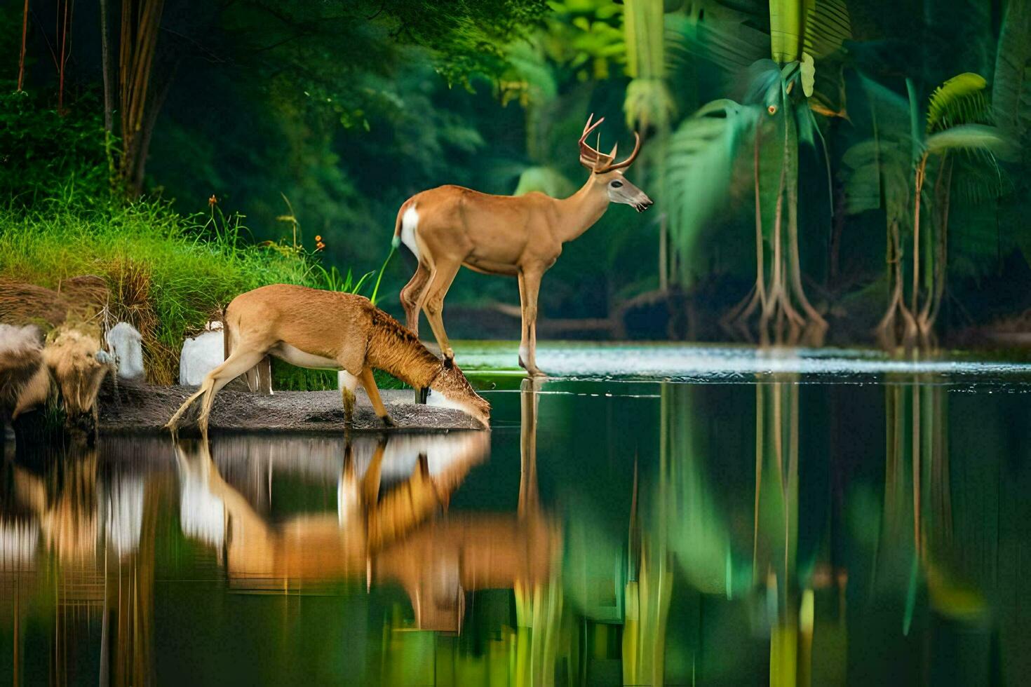 cervo potabile acqua nel il foresta. ai-generato foto