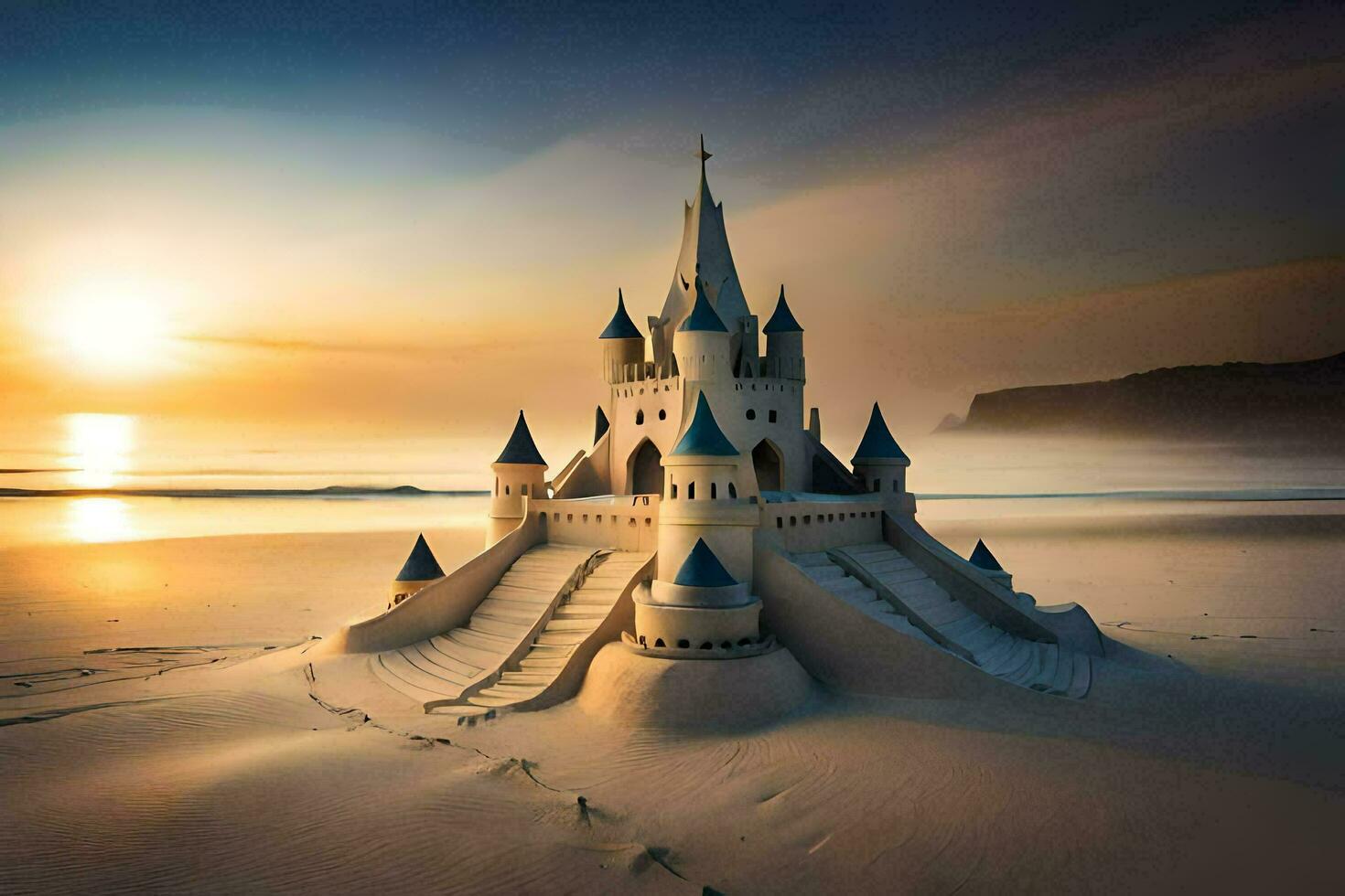 un' castello su il spiaggia a tramonto. ai-generato foto