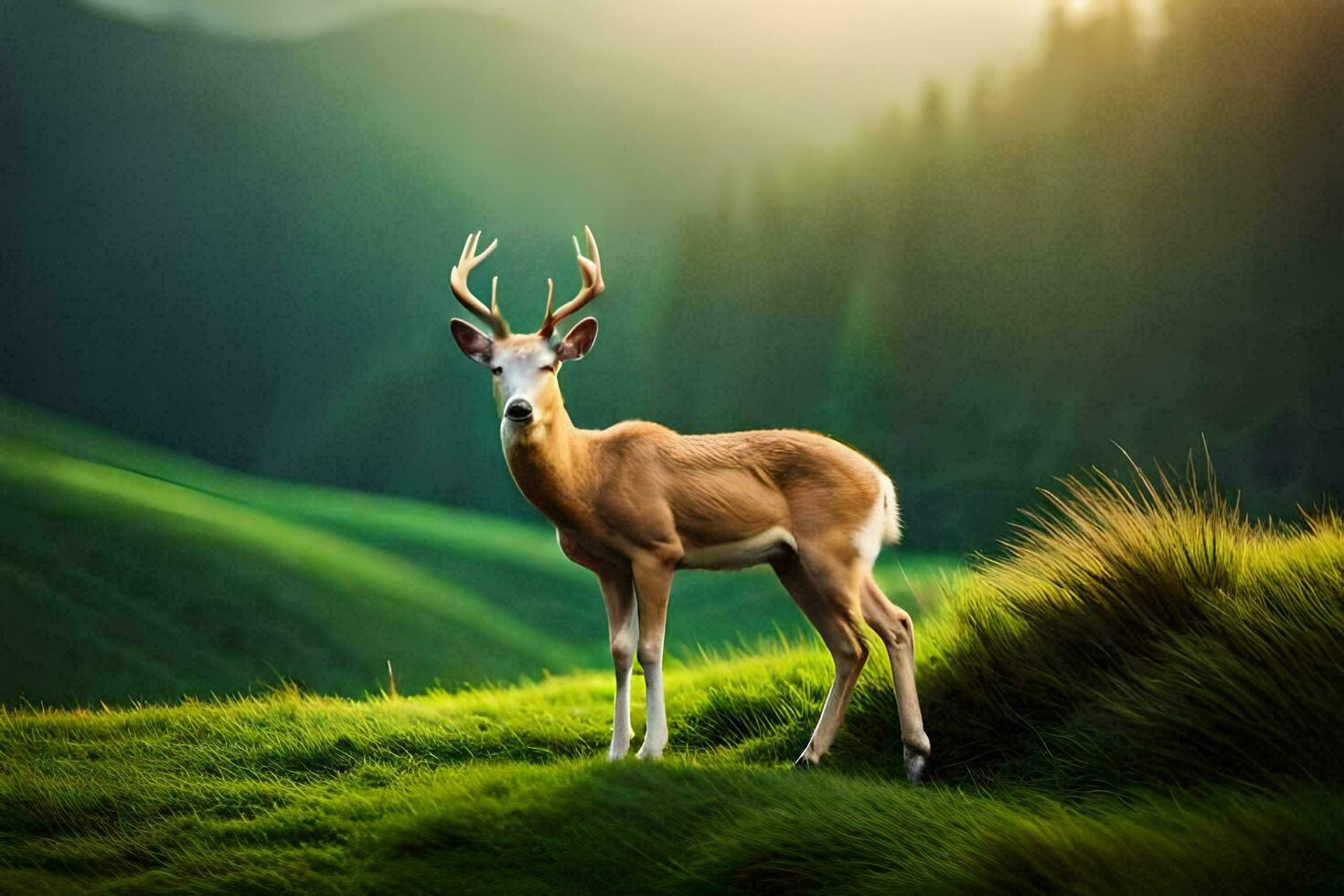 un' cervo sta su un' verde collina con montagne nel il sfondo. ai-generato foto