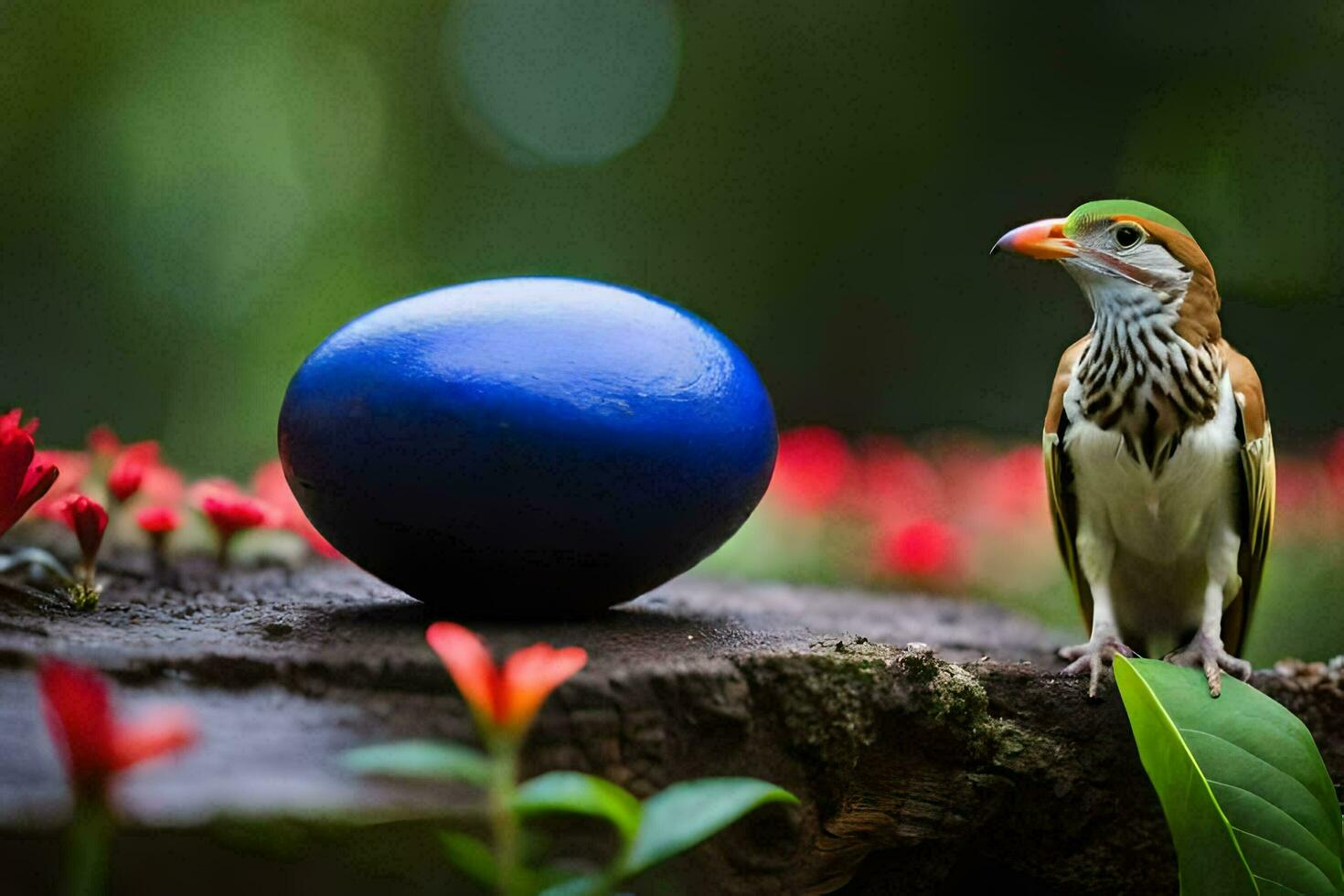 un' uccello è in piedi su un' ramo Il prossimo per un' blu sfera. ai-generato foto