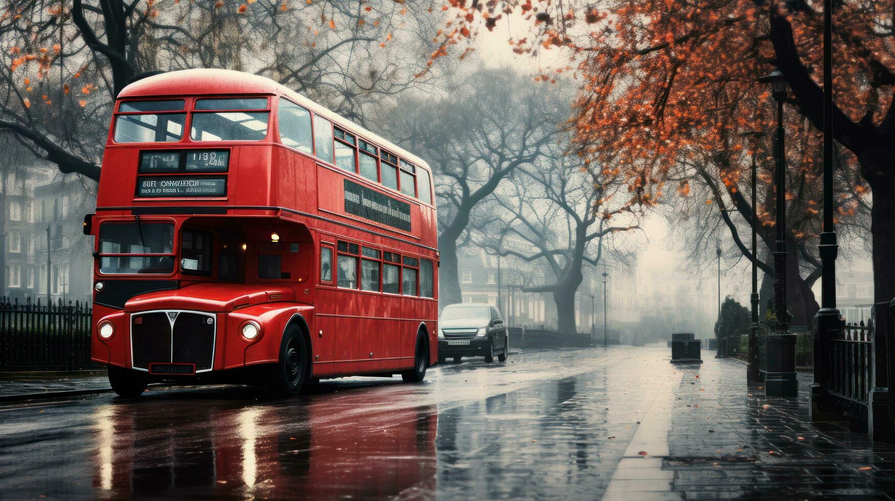 Londra strada con rosso autobus nel piovoso giorno schizzo illustrazione foto