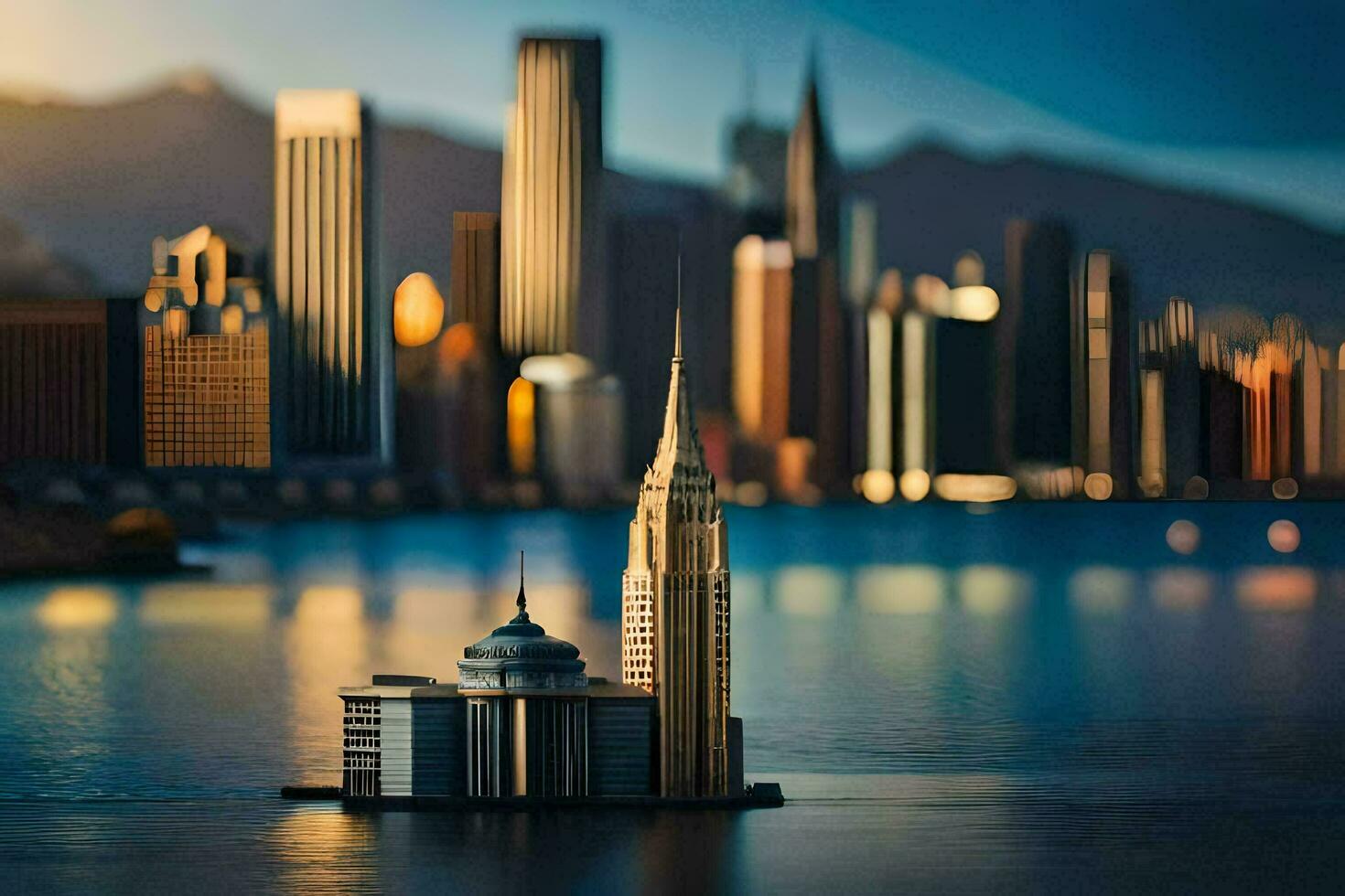 un' miniatura città nel il mezzo di un' corpo di acqua. ai-generato foto