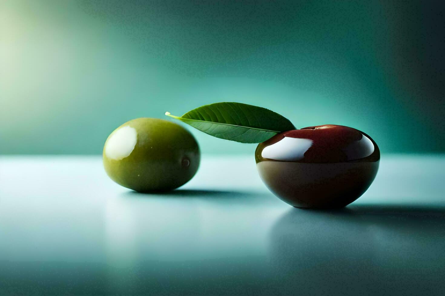 Due mele seduta su un' tavolo con un' verde foglia. ai-generato foto