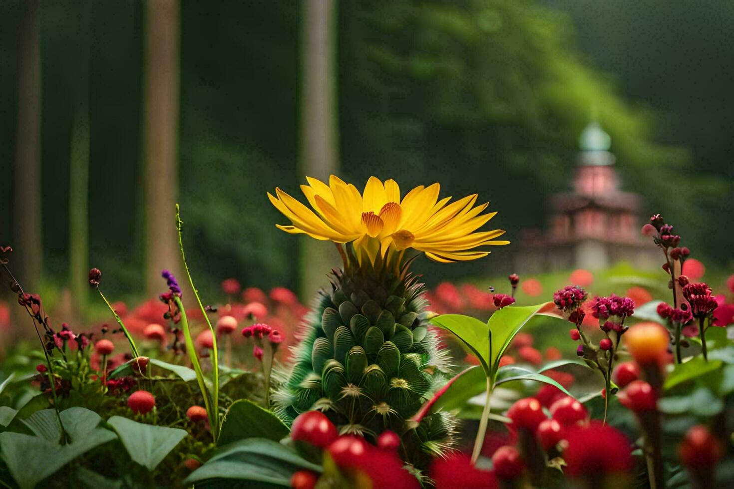 un' giallo fiore è nel il mezzo di un' campo. ai-generato foto