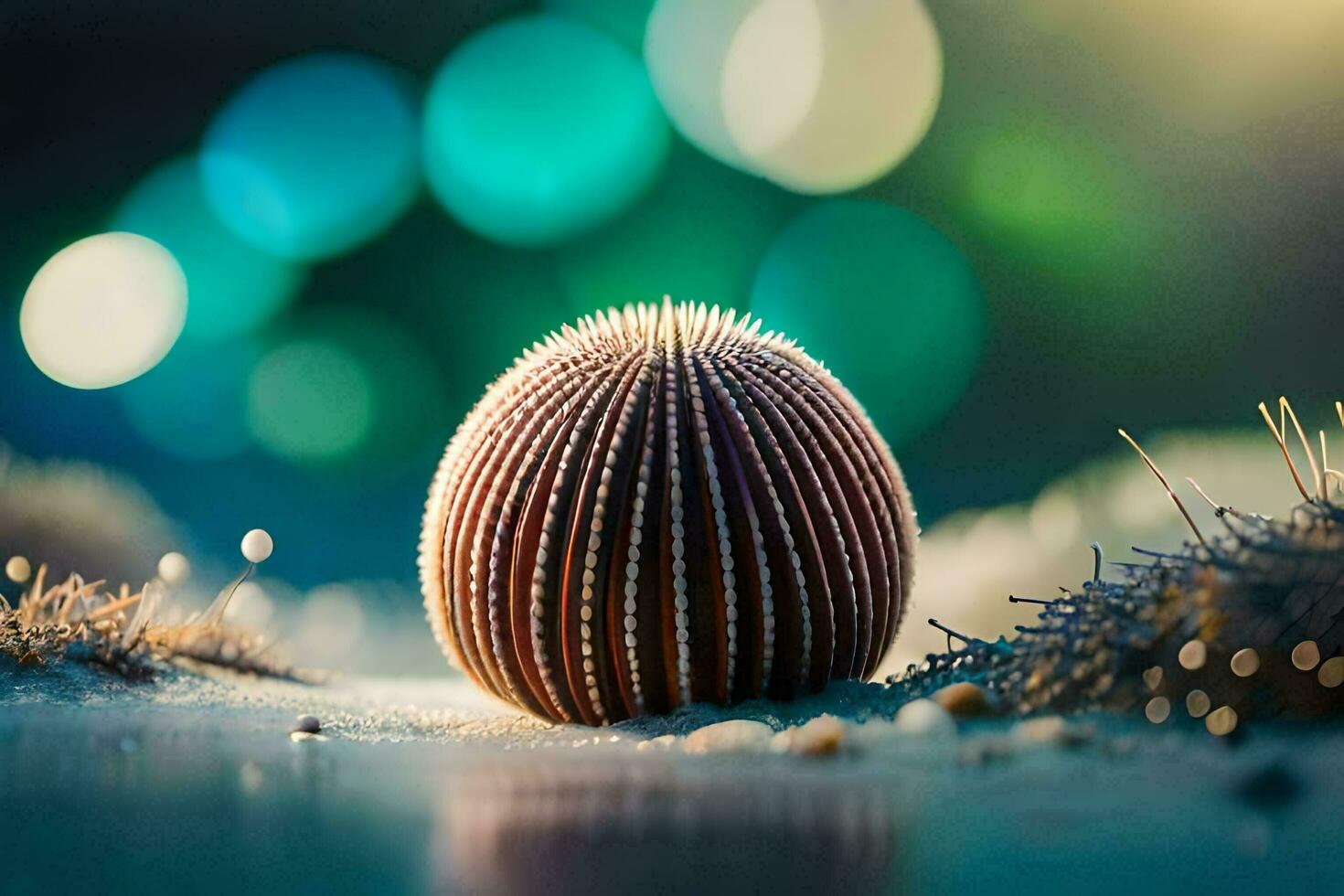 un' mare riccio su il spiaggia con un' bokeh sfondo. ai-generato foto