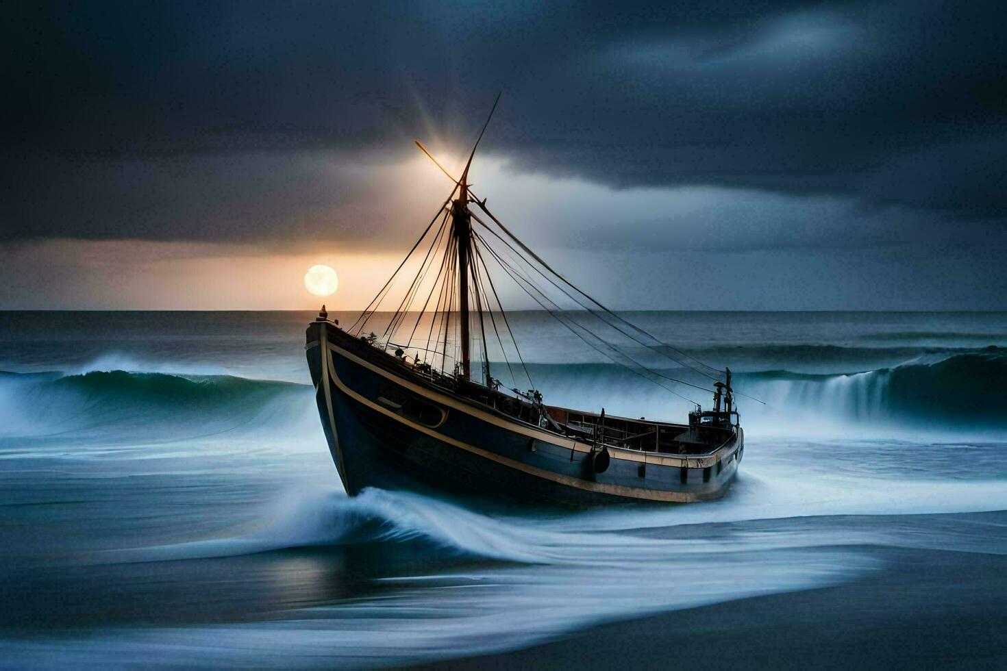 un' barca nel il oceano a tramonto. ai-generato foto