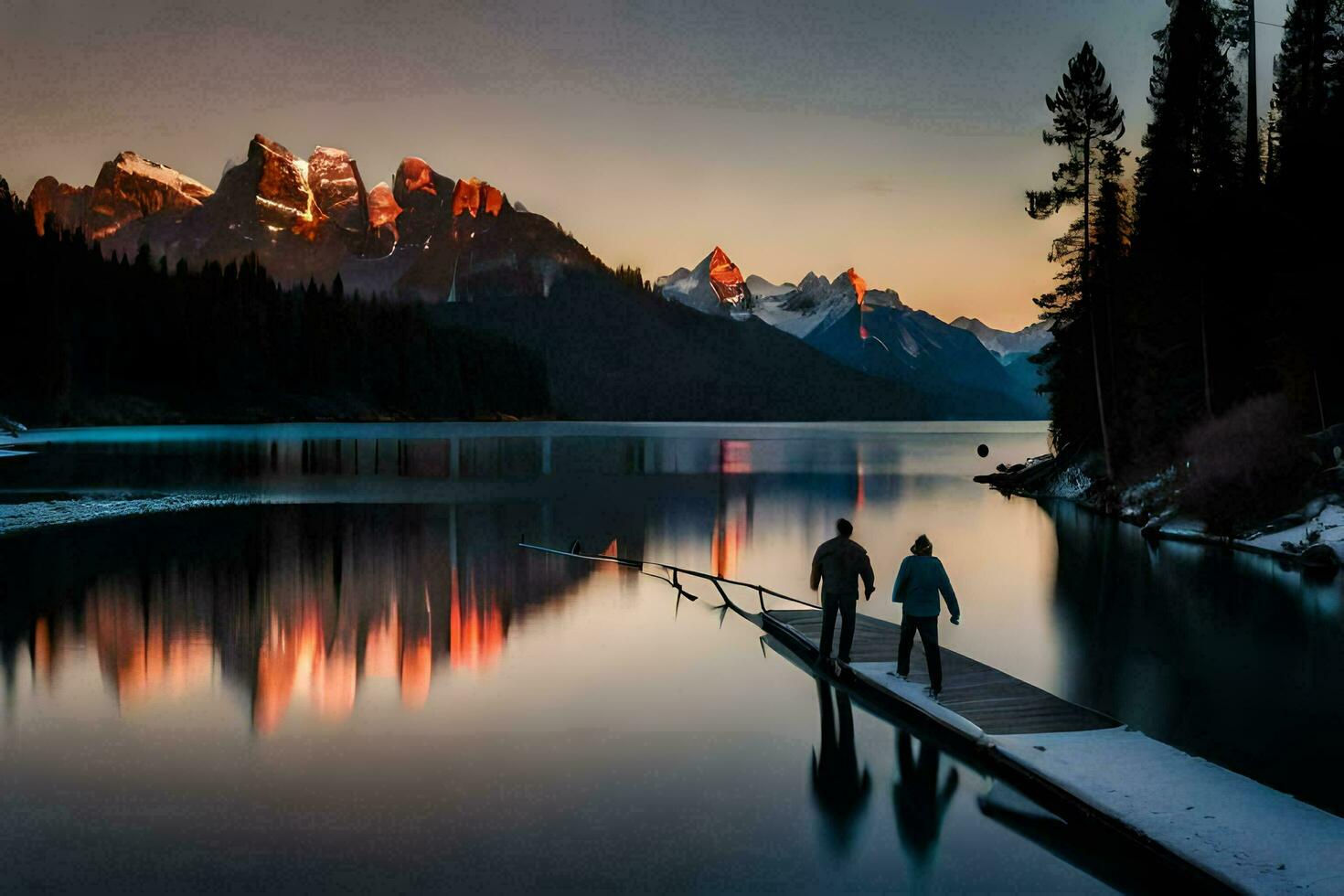 Due persone In piedi su un' bacino a tramonto nel davanti di montagne. ai-generato foto