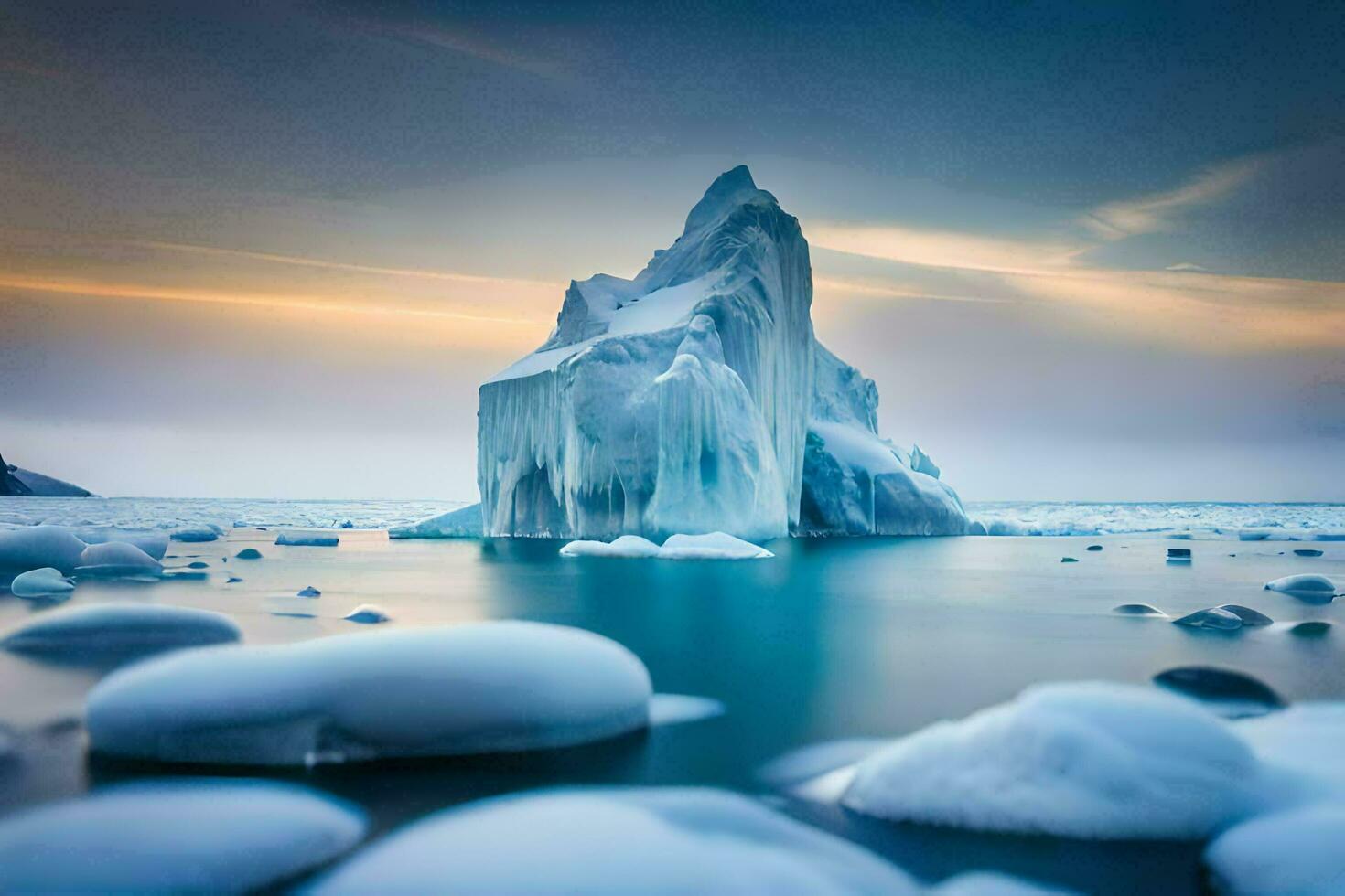 un iceberg galleggia nel il acqua a tramonto. ai-generato foto