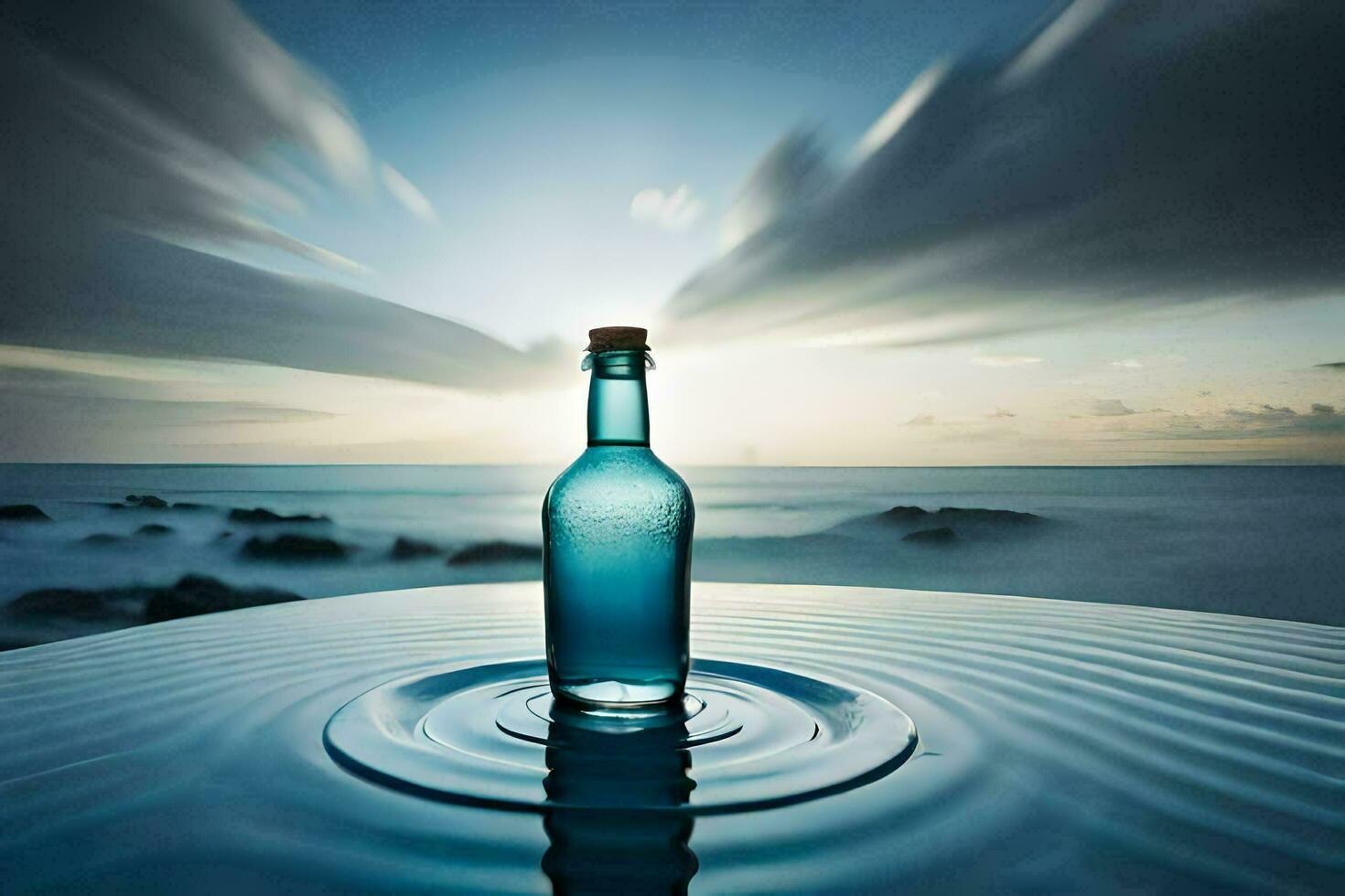 un' bottiglia di acqua si siede su il bordo di un' piscina con un' tramonto nel il sfondo. ai-generato foto