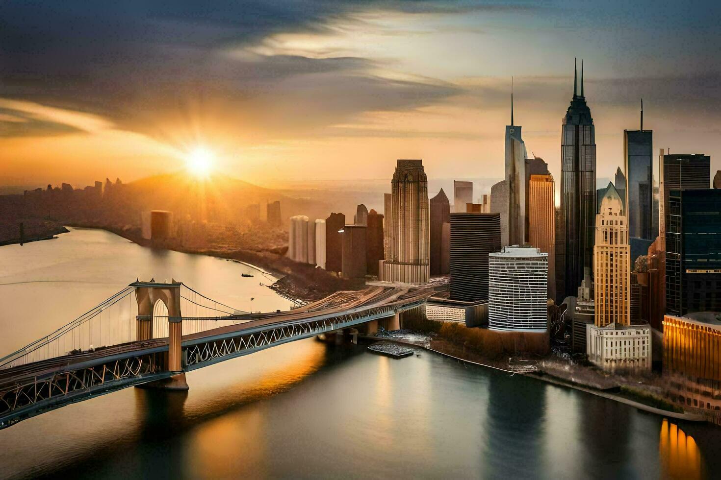 il sole imposta al di sopra di il città orizzonte nel nuovo york. ai-generato foto