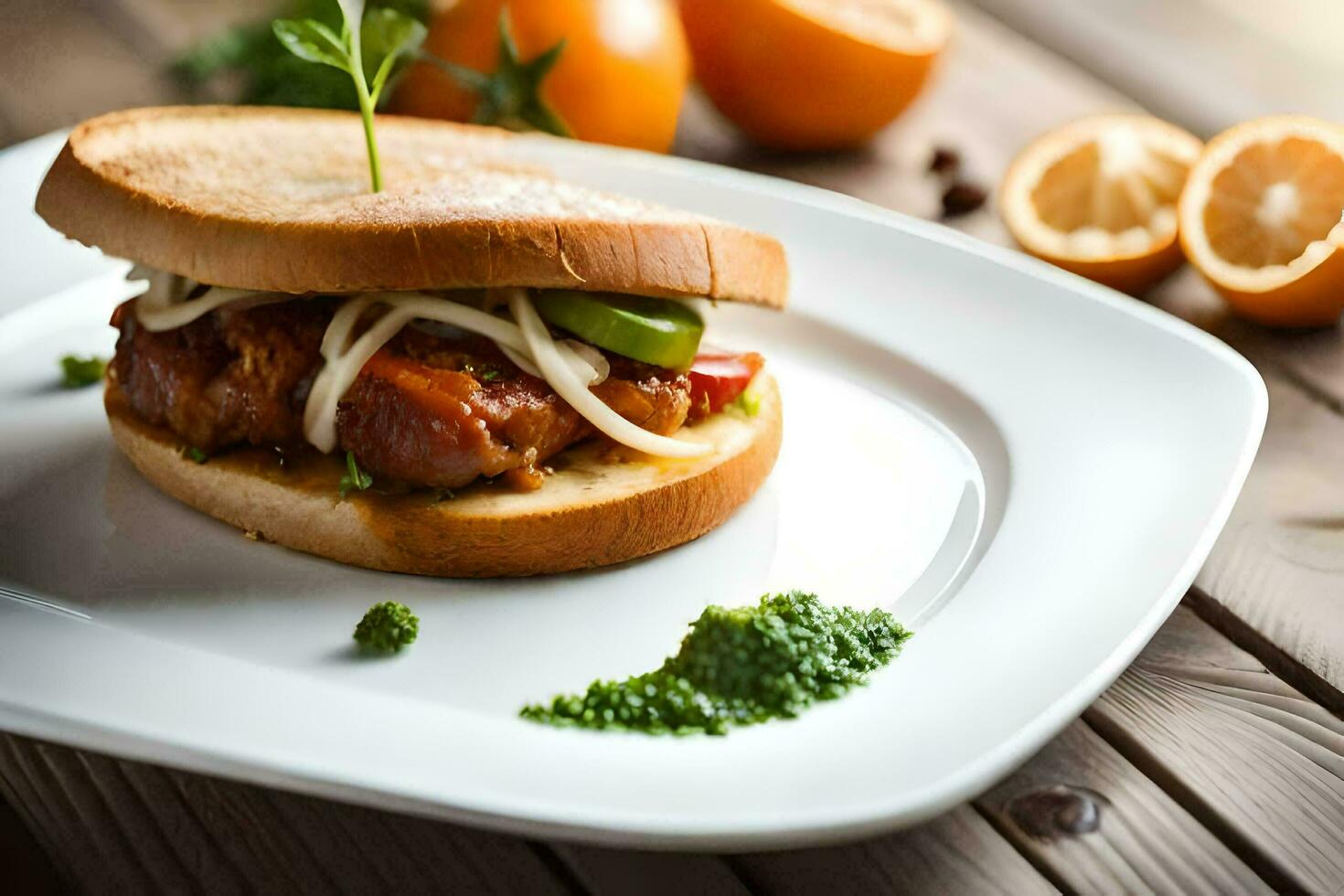 un' Sandwich con carne e verdure su un' bianca piatto. ai-generato foto