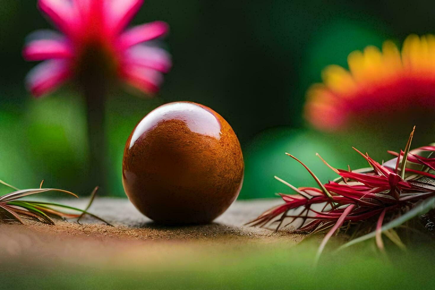 un uovo seduta su un' tavolo circondato di fiori. ai-generato foto